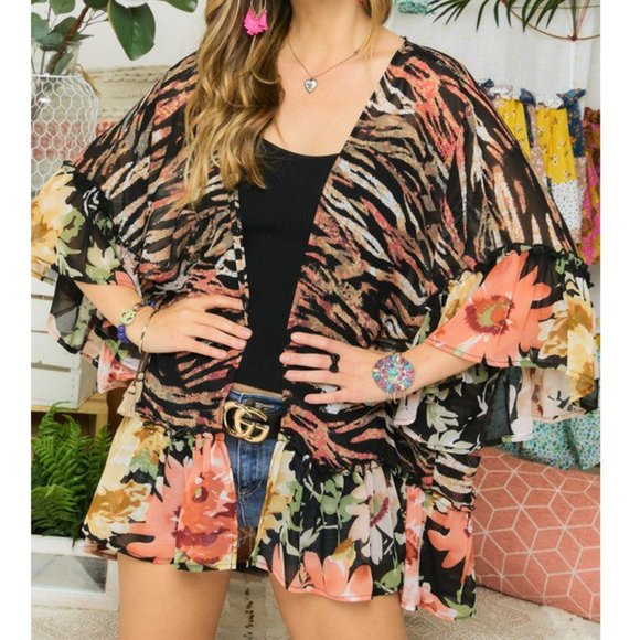 Floral & Zebra Kimono with Ruffle Sleeve & Hem - Picture 2 of 6